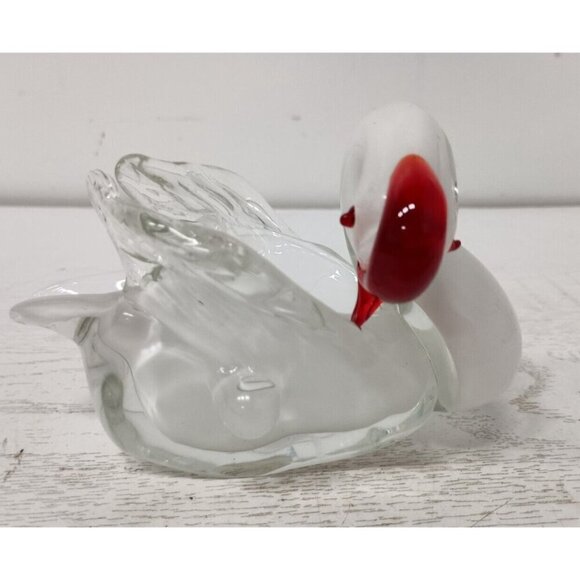 Vintage Murano Art Glass Clear Red Swan Figurine Bowl Candy Dish MCM - Picture 1 of 12